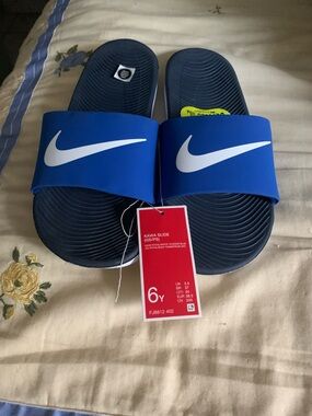 Nike Blue and Navy Kawa Slide Sandals with White Swoosh